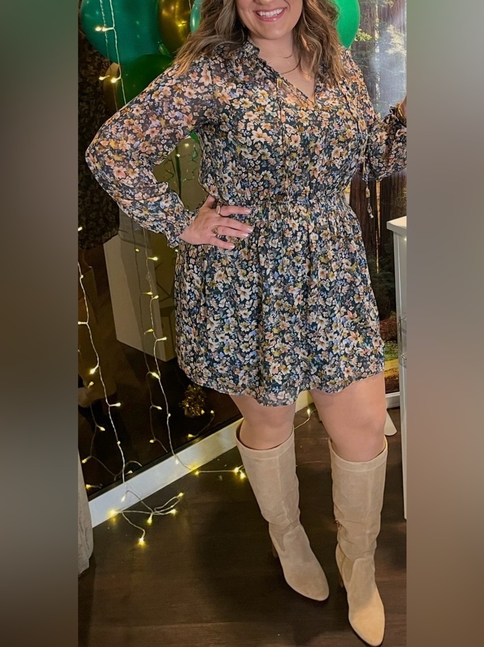 Socialite Green Floral Long Sleeve Smocked Mini Dress